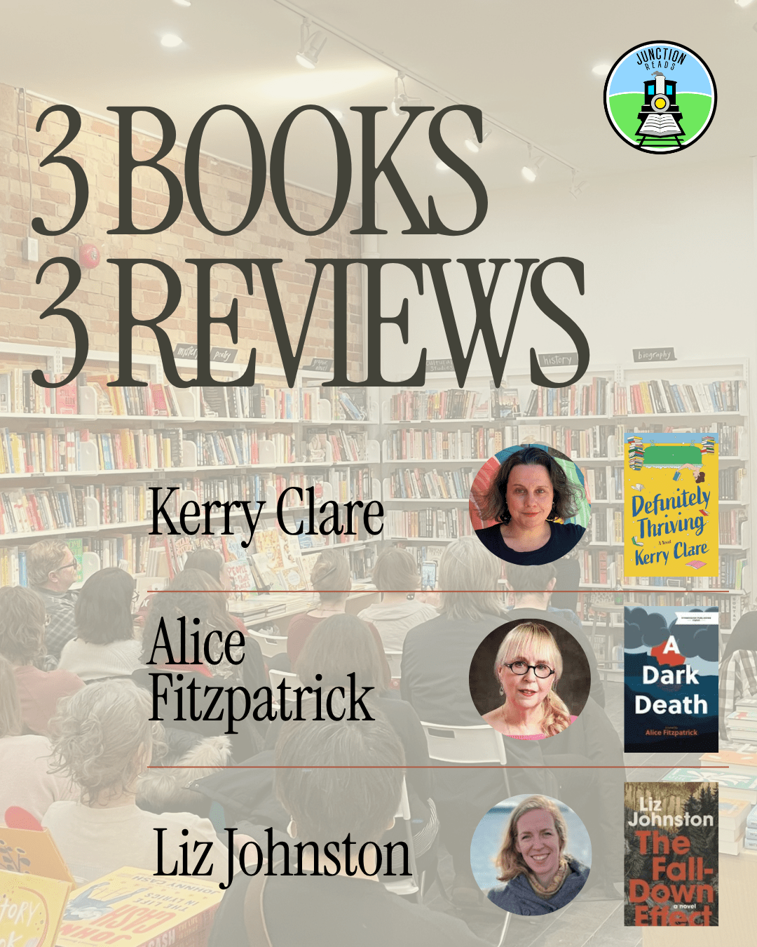 Graphic that includes image of three books and three white female authors. Kerry Clare, Alice Fitzpatrick and Liz Johnston